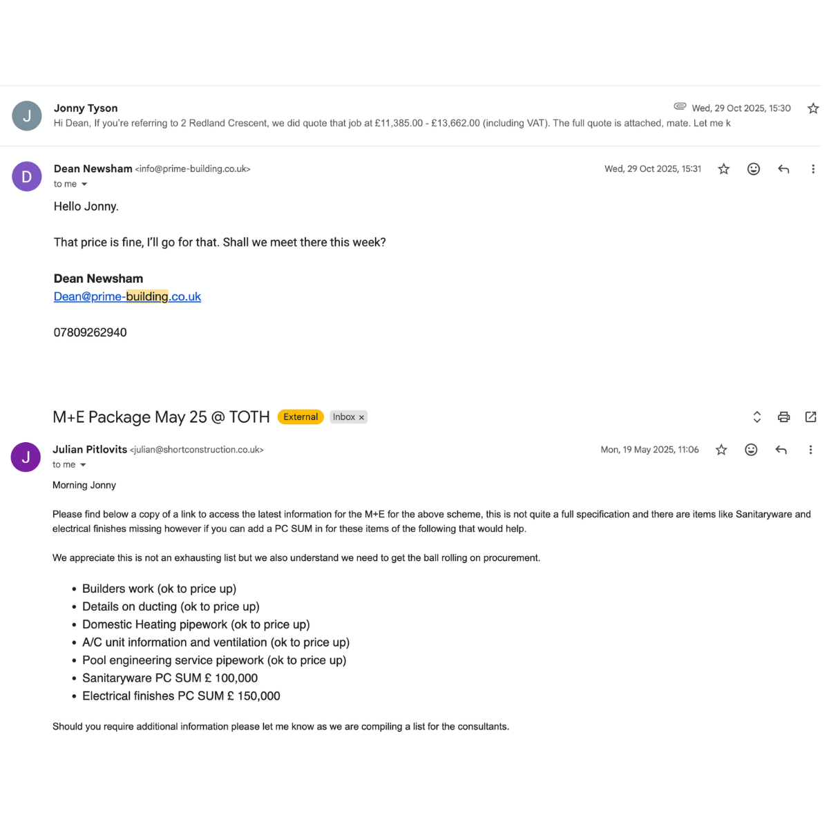 Email threads showing AMP's commercial work – a quote accepted at 2 Redland Crescent and an M+E package brief for a larger commercial scheme.