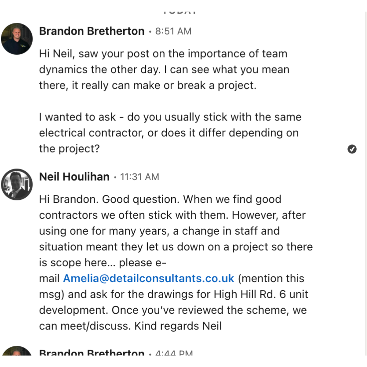 LinkedIn message from Brandon at AMP to a commercial contractor opening a conversation about their electrical work, with the contractor replying and pointing to a live opportunity at High Hill Rd.